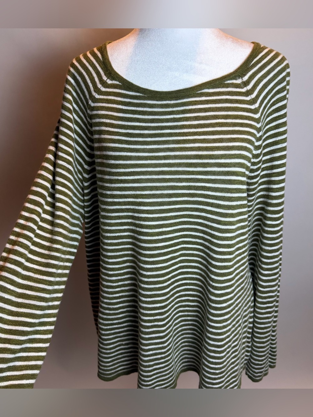 Eileen Fisher Olive Green and Cream Striped Scoop Neck Sweater- Linen & Cotton